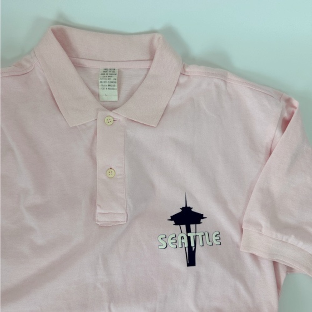 VTG Seattle Pink Space Needle Polo‎ Men’s Unisex Large Made in USA 100% Cotton